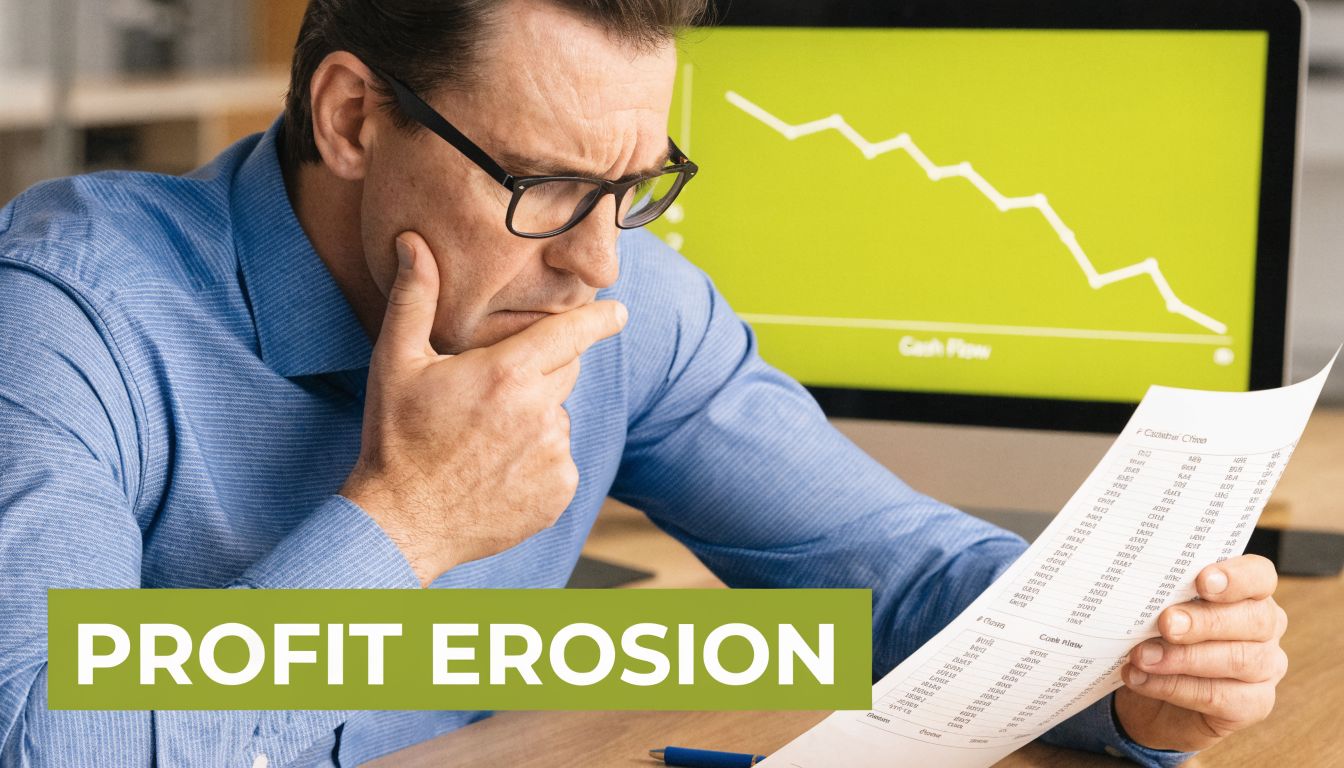 A concerned businessman analyzing financial documents and a declining cash flow graph during economic stress.