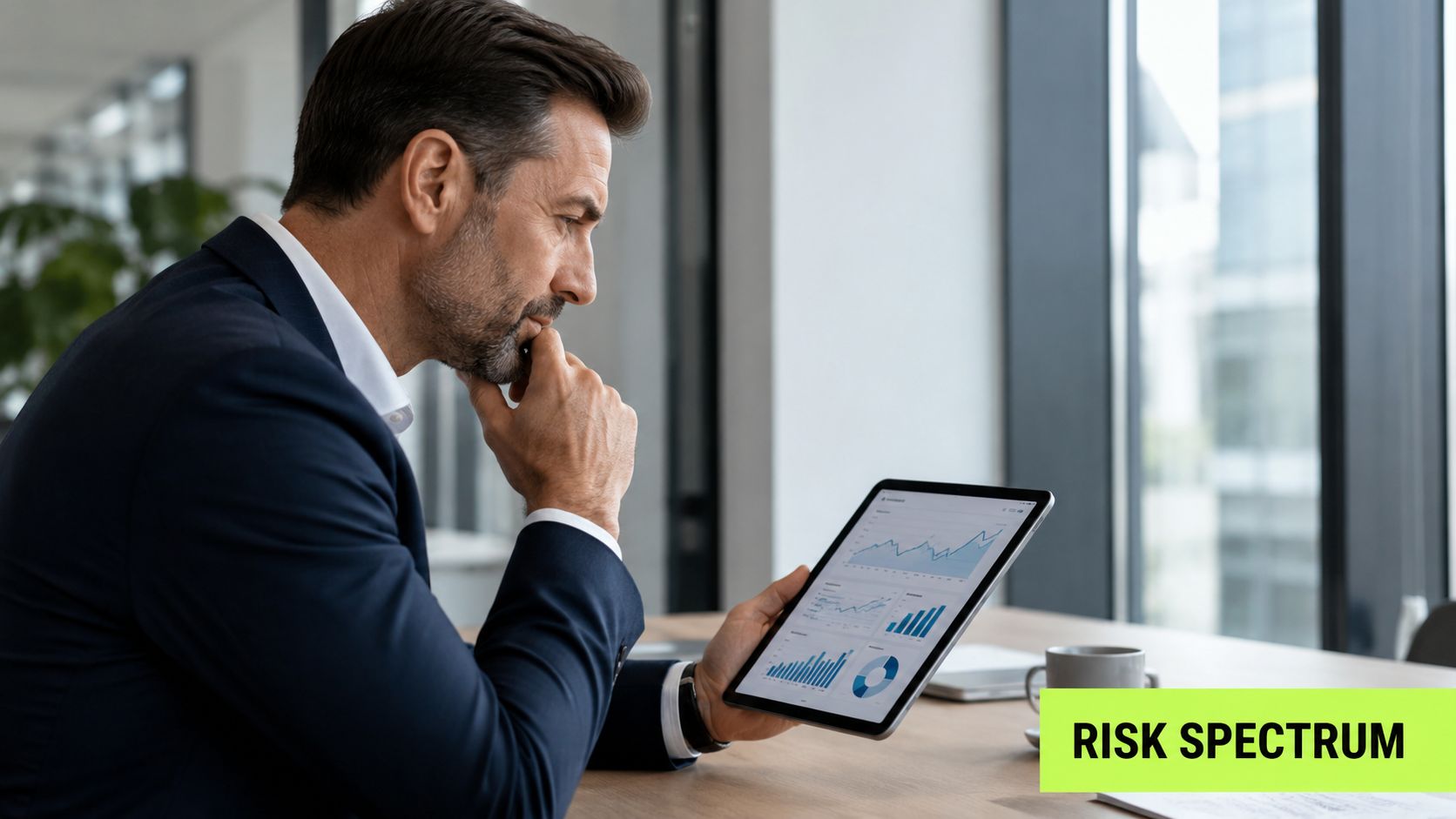 A professional man in a suit analyzes financial data on a tablet during a business meeting.