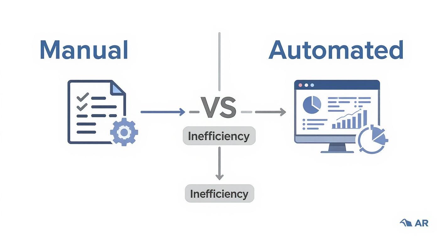 A split-screen showing a cluttered desk with manual invoices on the left, and a clean tablet dashboard with real-time AR data on the right.