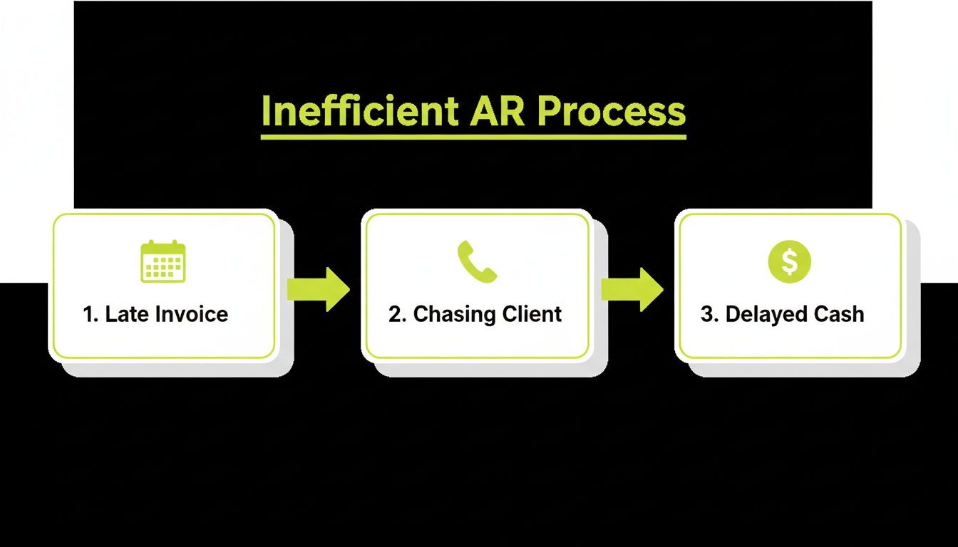 A flowchart illustrates an inefficient accounts receivable process: late invoice, chasing client, and delayed cash.